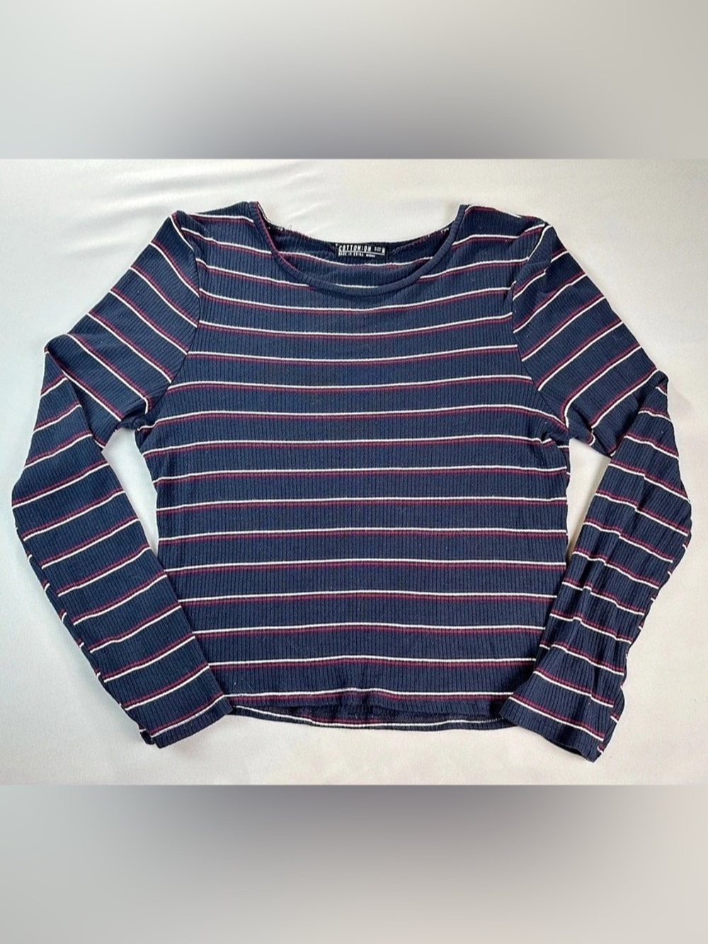 Cotton:On Striped Long Sleeve Crop Top Blue Red Medium Preppy Americana